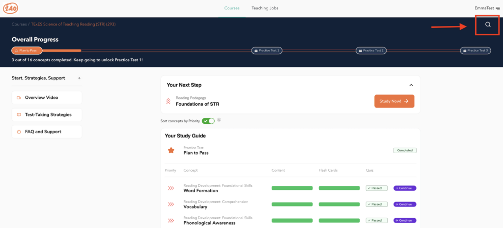 Dashboard view of a course on Teaching Reading, showing progress, study guide, and options for resources and practice tests.
